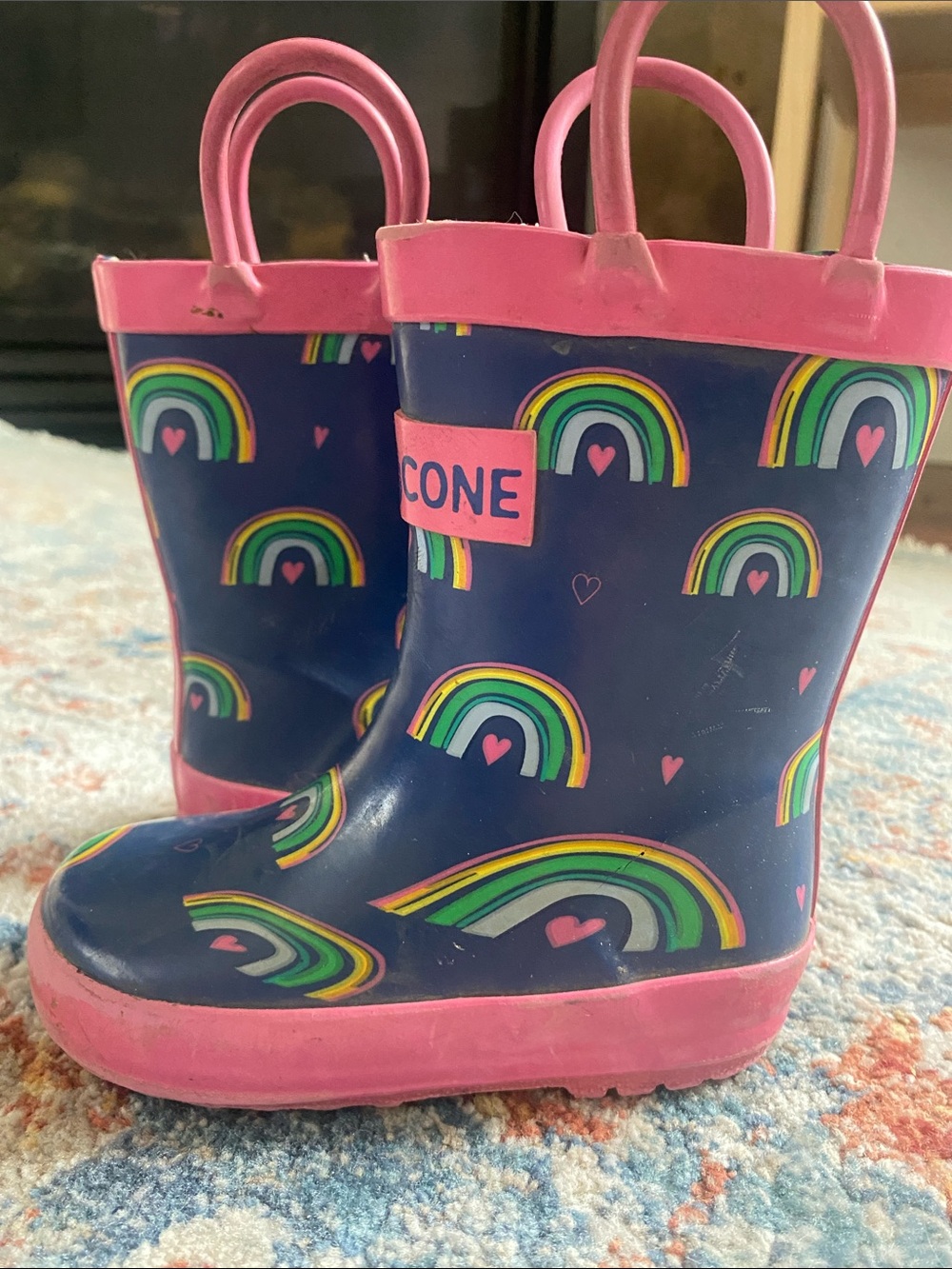 Kids Waterproof Lone Cone Rain Boots with Pink Trim & Rainbow Print